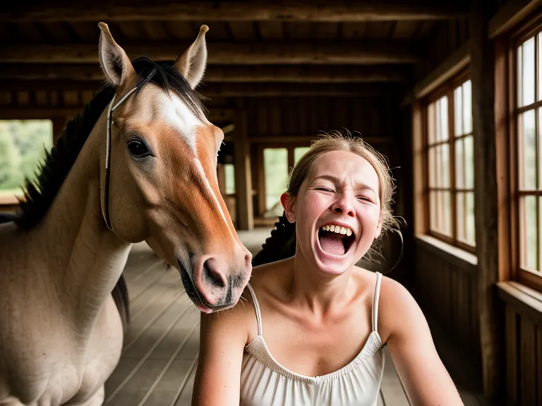 Bienestar equino en la caballeriza: caballo escuela bostezando y relajado en el pasillo