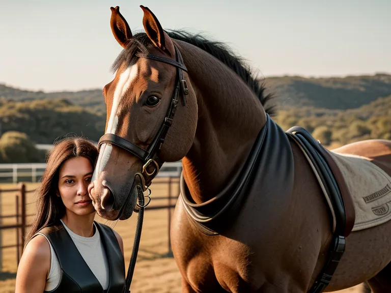 Mujer de pie junto a un caballo relajado en un corral soleado, ejemplo de bienestar animal y quietud en el picadero