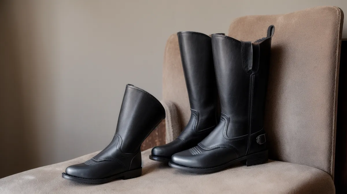 Botas de equitación de cuero cubiertas de polvo antes de empezar la rutina de limpieza post-clase