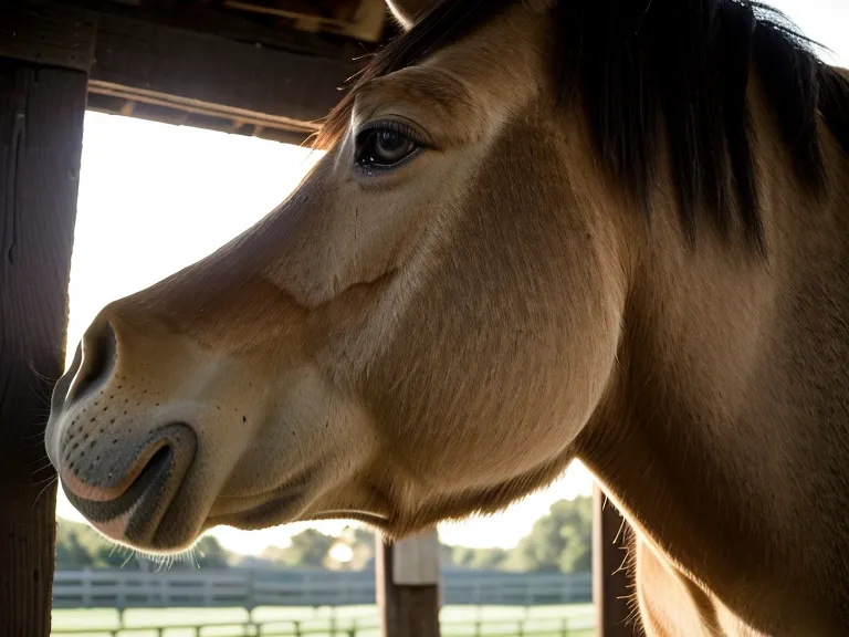 Mirada tranquila de un caballo escuela durante una clase de equitación para principiantes, sin miedo evidente