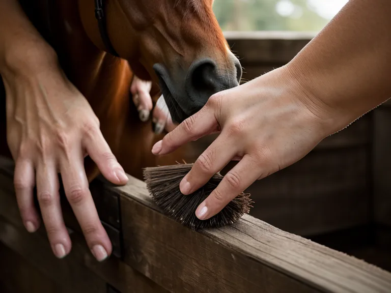 Manos cepillando el cuello de un caballo como parte del bienestar equino antes de una clase de equitación para principiantes