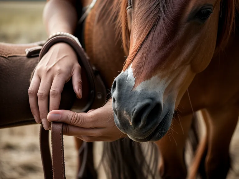 Manos de una jinete adulta ajustando el ramal del caballo durante un ejercicio de trabajo pie a tierra