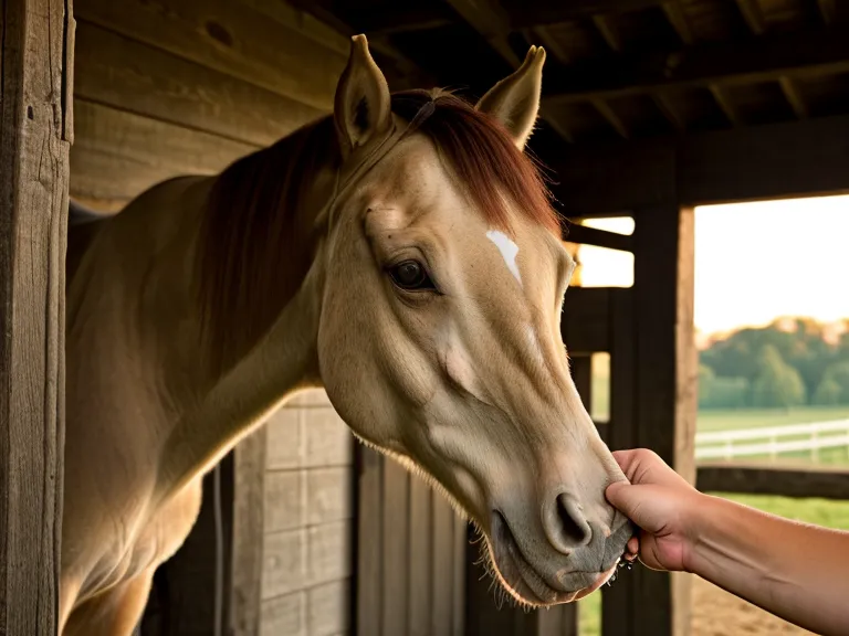 Mano acariciando el hocico del caballo al atardecer, bienestar equino tras una clase de equitación para principiantes