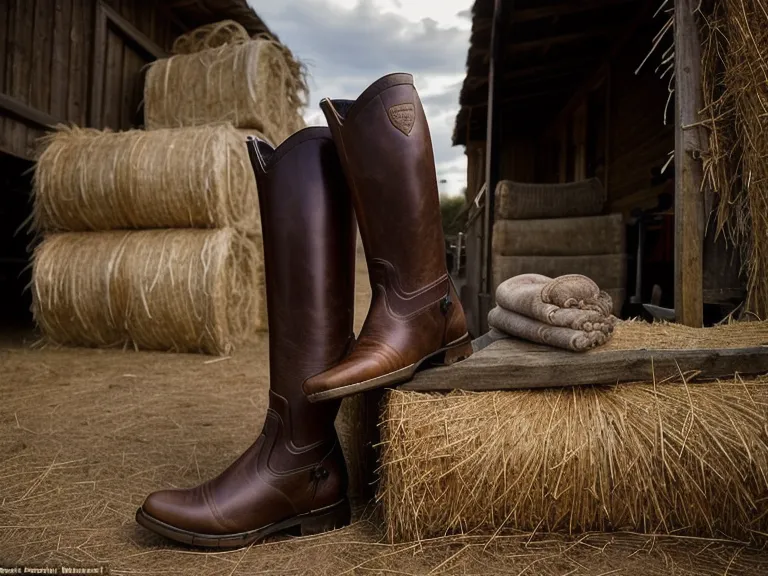 Botas de equitación gastadas junto a una paca de heno, parte del ritual de manejo pie a tierra
