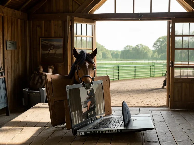 Laptop abierta con curso de psicología equina en un banco de madera, apoyo de estudio para la equitación de principiantes