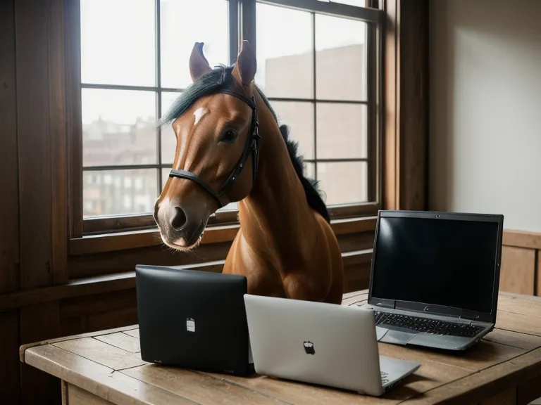 Laptop con curso sobre psicología del caballo y casco de montar sobre el escritorio, repaso entre clases de equitación