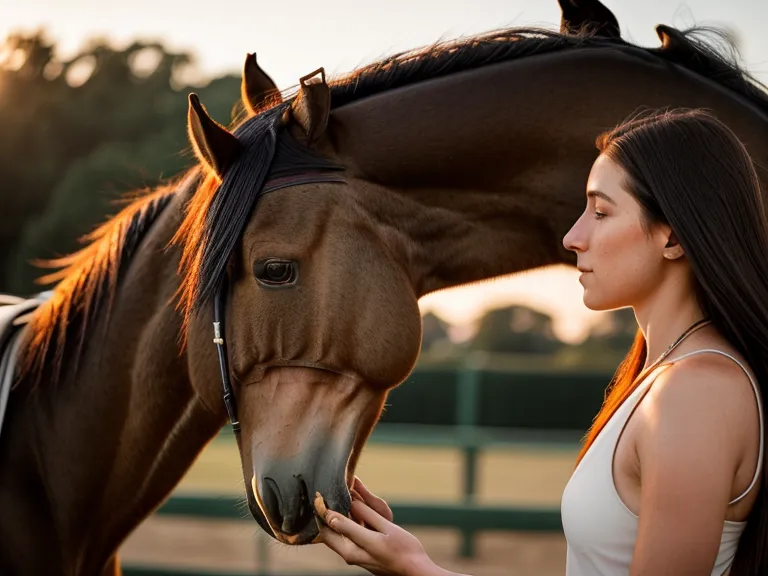 Caballo relajado bajando la cabeza junto a su jinete adulta principiante