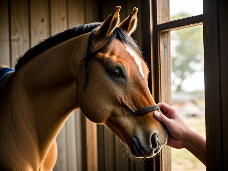 Mano de una jinete principiante acariciando el hocico de un caballo en señal de confianza y bienestar equino.