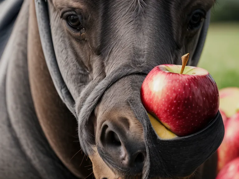 Primer plano de un caballo tomando con cuidado un trozo de manzana de la mano de una persona, señal de bienestar y confianza
